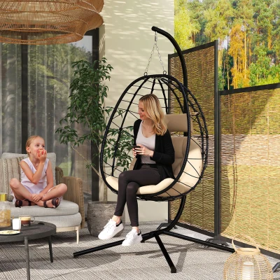 Outsunny Cadeira Suspensa com Suporte Baloiço Jardim com Cesto Dobrável Almofada e Apoio de Cabeça 98x95x198 cm Caqui