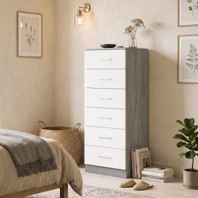 HOMCOM Cómoda de 6 Gavetas Alta para Quarto com Sistema Antitombo 40x40x110 cm Cinza-claro e Branco
