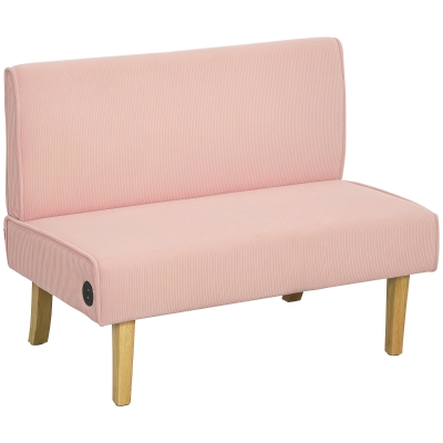 HOMCOM Sofá de 2 Plazas Tapizado en Pana con 2 Puertos USB 1 Puerto Tipo-C y Patas de Madera Carga 240 kg 110x60x85 cm Rosa