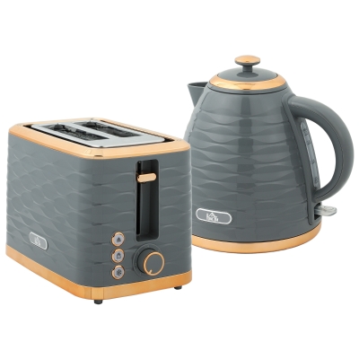 HOMCOM 3000W 1.7L Rapid Boil Kettle & 2 Slice Toaster, Kettle and Toaster Set with 7 Browning Controls and Crumb Tray, Grey