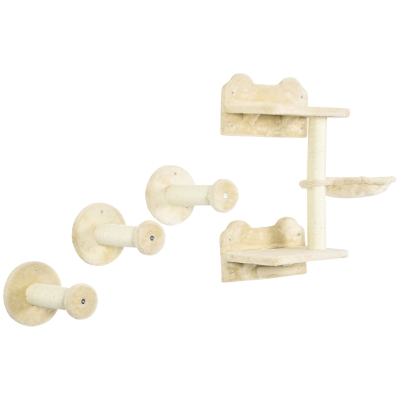 PawHut Kletterstufen, Kletterwand, Katzentreppe, 4-tlg. Set, mit Kratzbaum, Hängematte, beige+cremeweiß, 40 x 28 x 73cm