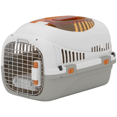 PawHut Transportadora para Gatos e Cães Pequenos de Plástico Suporta até 4 kg com Claraboia Taça Porta de Aço Cinzento Claro