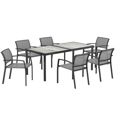 Outsunny 7-delige eettafelset, 6 stoelen, 1 tafel, stapelbaar, gemakkelijk te reinigen, stalen frame, tuinmeubelset, grijs