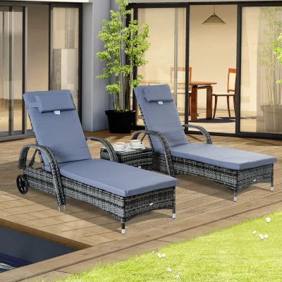 Outsunny Conjunto de 2 Tumbonas con Cojín y Respaldo Ajustable 5 Posiciones y 1 Mesita de Ratán Sintético Color Gris