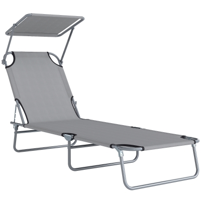 Outsunny Espreguiçadeira de Jardim Dobrável com Toldo Removível e Ajustável e Encosto Ajustável em 4 Posições  187x58x36 cm Cinza Claro