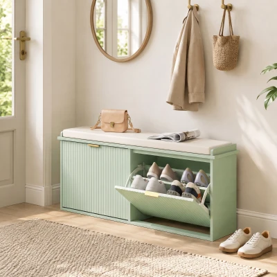 HOMCOM Schuhbank mit gepolstertem Sitzkissen und klappbarem Fach für Flur, Schlafzimmer, 104 x 26 x 47,5 cm, grün