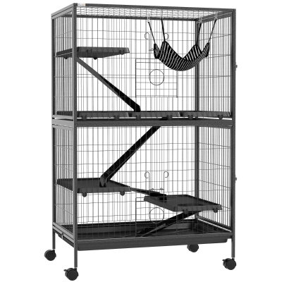 PawHut Gaiola para Roedores 80x52x128 cm Casa de 4 Alturas com Rampas Suspensa Rede Bandeja Removível Rodas Cinza Escuro