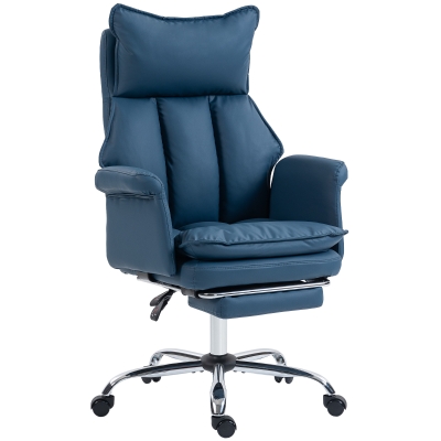 HOMCOM Cadeira de Secretária com Apoio para os Pés  Encosto Reclinável Estofada em Couro Sintético 69x65x108-116 cm Azul