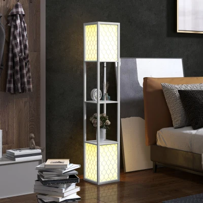 HOMCOM Candeeiro de Pé de Madeira com Estantes Lâmpada E27 Máx. 40W com Interruptor 26x26x156 cm Branco