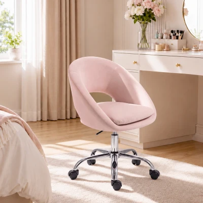 HOMCOM Velvet Office Desk Chair Height-Adjustable Wheels Pink