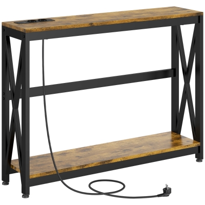 HOMCOM Mesa de Entrada de 2 Niveles con Estación de Carga 2 USB y Marco de Acero Mueble de Recibidor 100x24x75cm Marrón Rústico