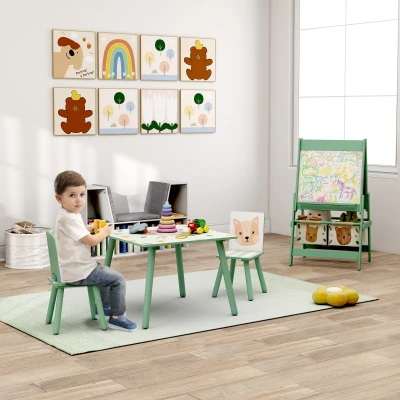 ZONEKIZ Conjunto para Crianças Inclui 1 Mesa com 2 Cadeiras Infantis e 1 Cavalete 3 em 1 com Cestos de Armazenamento Desenho de Animais Verde