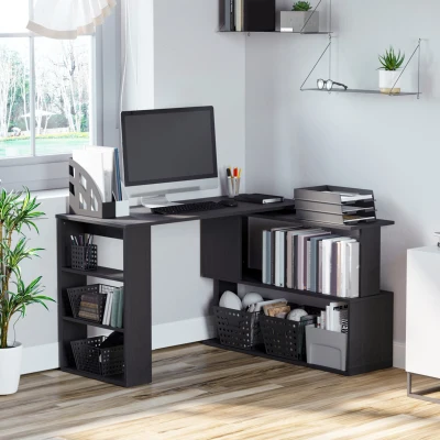 HOMCOM Mesa de Computador Secretária Mesa de Canto Giratória 360° com 5 Prateleiras 120x110x74,5 cm Preto