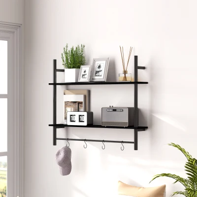 HOMCOM Estante de Parede de 2 Níveis Estante Suspensa com 4 Ganchos 2 Prateleiras e Estrutura de Metal 80x24x65 cm Preto