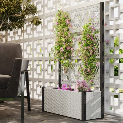 Outsunny Hoogbed met klimrek in rattanlook plantenbak bloembak met rankhulp 90 x 35 x 148 cm Grijs