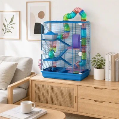PawHut Cage Hamster 4 Étages avec Tunnels et Accessoires Bleu