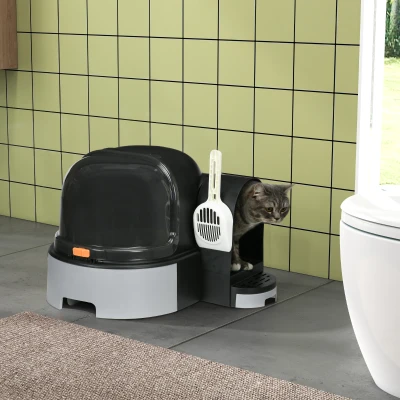 PawHut Kattenbak met 2 uitschuifbare bodemladen, 1 schepje, opvangbak voor strooisel, grijs + zwart