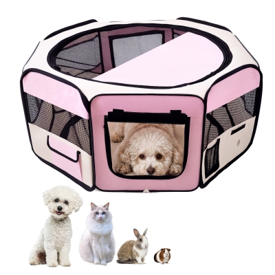 PawHut Portable Pet Playpen Dia 90x41cm Indoor Outdoor Pink