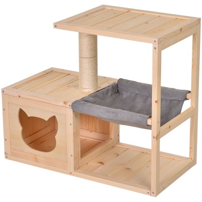 PawHut Arbre à chat design contemporain griffoir grattoir sisal naturel centre d'activités niche hamac plate-formes bois massif sapin lin gris