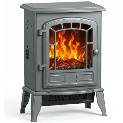 HOMCOM Electric Fireplace Stove LED Flame Adjustable Thermostat Grey