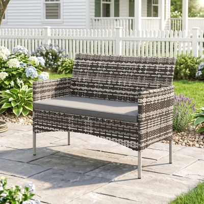 Outsunny 2-zits Rattan Tuinbank PE-Rattan Outdoor Terrasbank met Kussen, Anti-slip Matten, Stalen Frame, Lichtgrijs