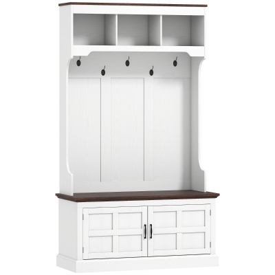 HOMCOM Móvel Cabide de Entrada com Banco Sapateira 5 Ganchos 3 Prateleiras Armário e Compartimentos Estilo Rústico 105x40x180 cm Branco