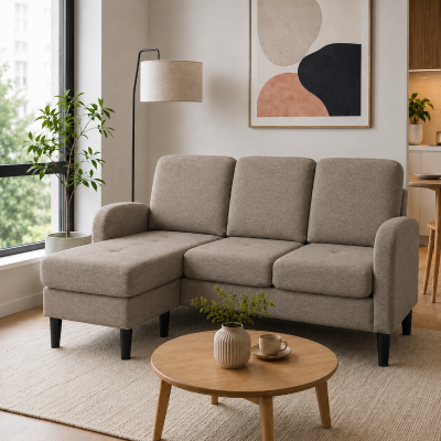 L-Shaped Sofa with Reversible Chaise Lounge, 116L x 118W x 77H cm, Dark Grey