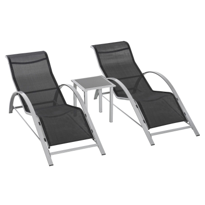 Outsunny Driedelig Ligstoel met tafel zitgroep voor in de tuin mesh metaal grijs