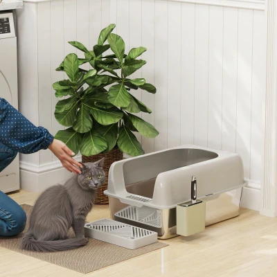 PawHut Kattentoilet, Roestvrijstaal, Hoge Randen, Opbergbox, Lichtgrijs