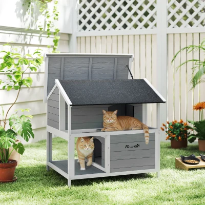 PawHut Buitenkattenhuis, kattenopvang voor buiten, waterdicht, opklapbaar dak, vurenhout, 80 x 93 x 95, Grijs