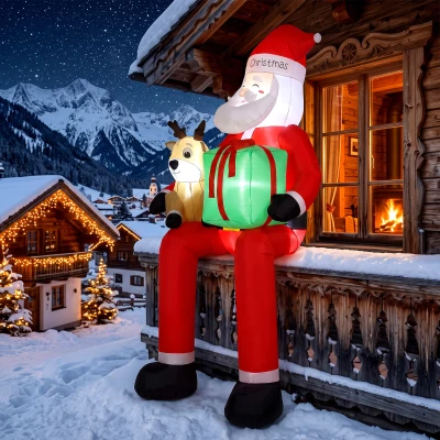 Outsunny 9.3ft Giant Christmas Inflatable Hanging Santa Claus Sitting w/ Reindeer, Gift Box