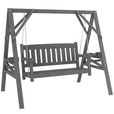 Outsunny 2-persoons tuinschommel, houten schommelbank met planken, bekerhouders en metalen kettingen, grijs