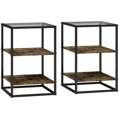 HOMCOM 2er-Set Beistelltische mit Glasplatte, 3-stufiges Design, Metallrahmen, für Wohnzimmer, Schlafzimmer, Braun