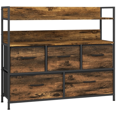 HOMCOM Rustic Chest Five Fabric Drawers Rustic Brown