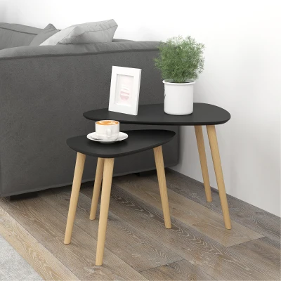 HOMCOM Conjunto de 2 Mesas Auxiliares com Pés de Madeira Mesas de Café 59,5x39,5x45 cm e 44,5x28,5x40 cm  Preto