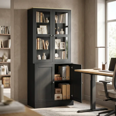 HOMCOM Modern Bookcase Display Storage Unit with Glass Doors Adjustable Shelves, Black
