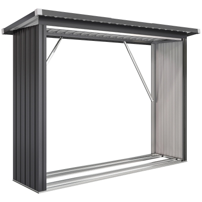 Outsunny Abrigo para Lenha de Aço Galvanizado com Base Elevada e Teto Inclinado 213x66,5x150 cm Cinzento Escuro