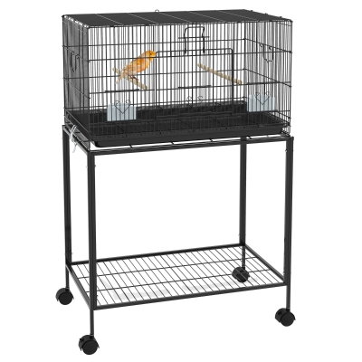 PawHut Jaula para Pájaros con Ruedas 77x46x119 cm Jaula Metálica para Aves con Bandeja Extraíble 2 Perchas 2 Comederos Negro