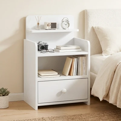 HOMCOM Bedside Cabinet, Bedside Table with Drawer and Shelf for Living Room, White