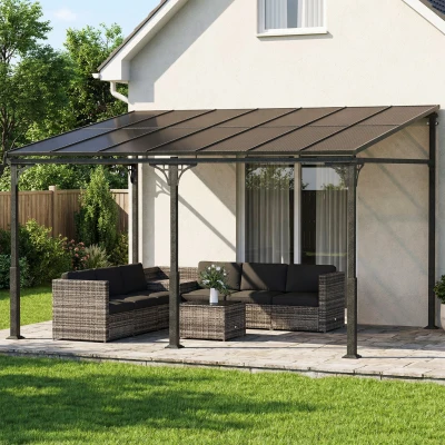 Outsunny Anbaupavillon 4 x 3m Terrassenüberdachung mit schrägen Polycarbonat-Dach Metall-Aluminium-Rahmen, Wandmontage