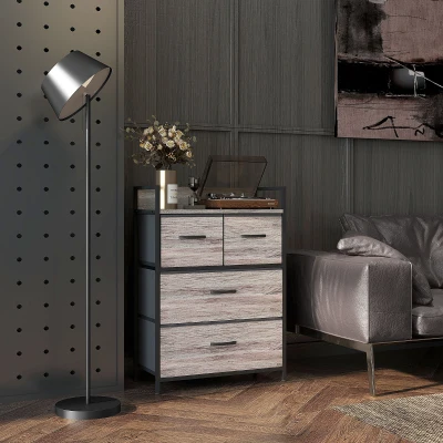 HOMCOM Cómoda de Quarto Armário de Armazenamento com 4 Gavetas Dobráveis Prateleira Aberta e Estrutura de Aço para Sala Entrada 60x29x85 cm Cinzento
