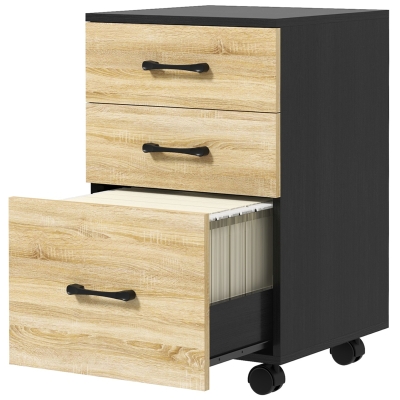 HOMCOM Arquivador de Escritório Móvel de Arquivos com 4 Rodas 3 Gavetas para Tamanho A4 Carta 40x42x65 cm Carvalho e Preto