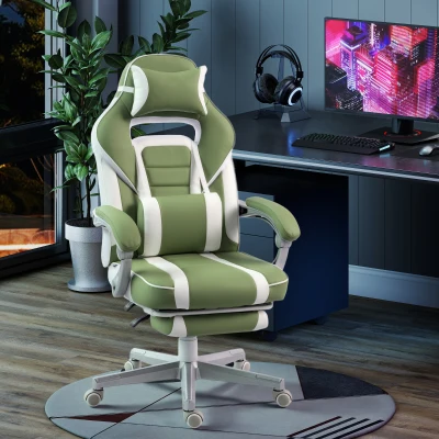 HOMCOM Cadeira Gamer Reclinável com Altura Ajustável Apoio para os Pés Retrátil Suporte Lombar e Almofada de Cabeça Amovível Verde