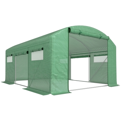 Outsunny Estufa tipo Túnel 397x300x200 cm Estufa de Exterior com 4 Janelas de Malha Cobertura de PE Anti UV e 3 Portas Enroláveis Verde