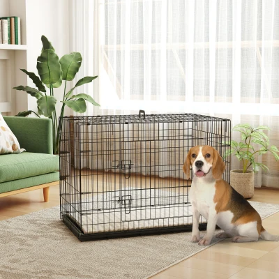 PawHut Jaula Dobrável para Cães com Almofada, Portas, Tabuleiro Amovível e Estrutura Metálica, 106x71,5x76 cm, Preto e Bege