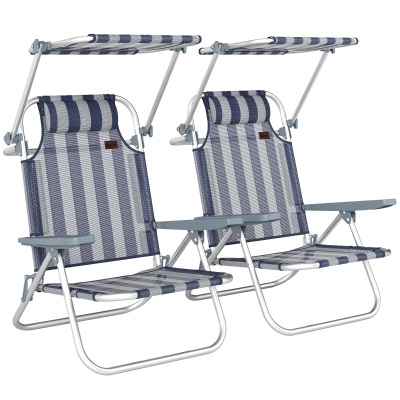 Outsunny Conjunto de 2 Cadeiras de Praia Dobráveis com Toldo Ajustável, Encosto Reclinável em 6 Posições e Apoio de Cabeça, Azul e Branco