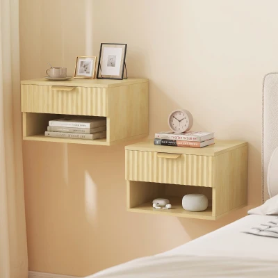 HOMCOM Floating Nightstands Set of 2, Modern Wall-Mounted Bedside Tables with Fluted Drawer and Open Shelf for Bedroom, Oak