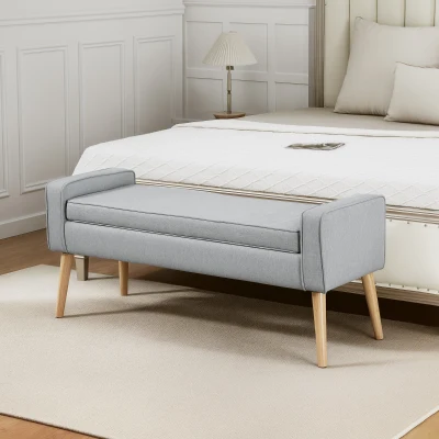 HOMCOM Banco de Armazenamento Estofado em Linho com Tampa Abatível e Pés de Madeira 120x45x54 cm Cinza Claro