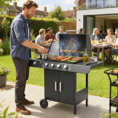 Outsunny Barbacoa de Gas con 4+1 Quemadores 14,4 KW Mesas Laterales Armario de Almacenaje Termómetro y 2 Ruedas Acero Inoxidable BBQ 125x51x100 cm Negro
