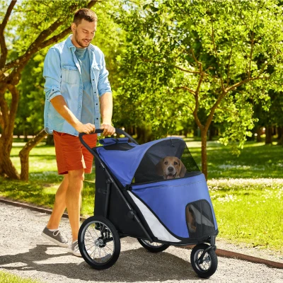 PawHut Hondenbuggy, opvouwbaar, opklapbaar, ligkussen, stalen frame, Blauw/Zwart